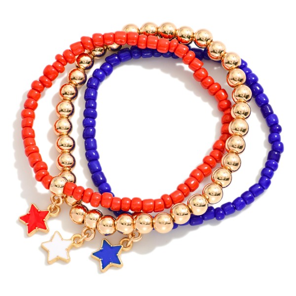 Wholesale set Three Americana Beaded Stretch Bracelets Enamel Star Charms D
