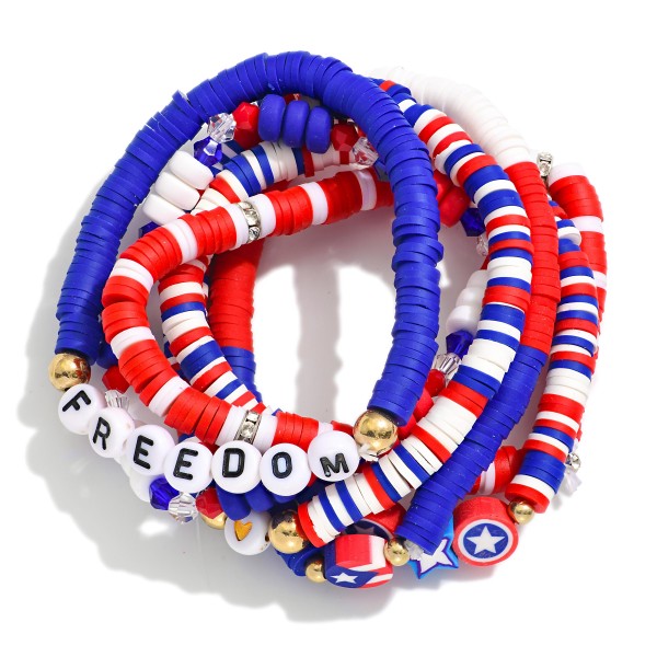 Wholesale set Six American Flag Themed Stretch Bracelet Heishi Beads Gold Beads