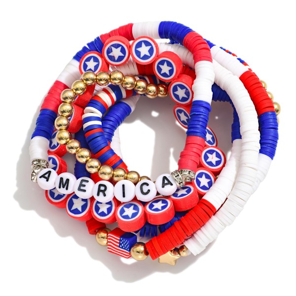 Wholesale american Flag Themed Stretch Bracelet Gold Beads Heishi Beads AMERICA