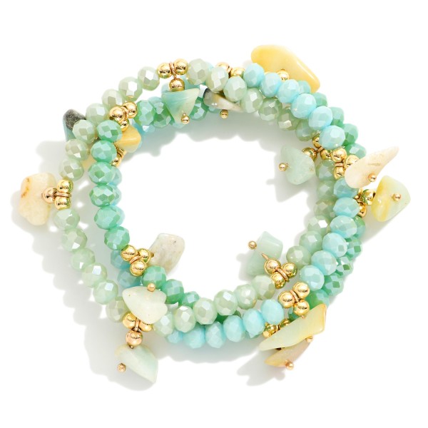 Wholesale set Three Beaded Stretch Bracelets Gold Tones Stone Charms D
