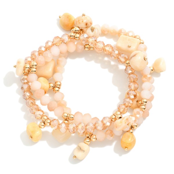Wholesale set Three Beaded Stretch Bracelets Gold Tones Stone Charms D