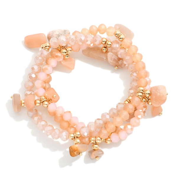 Wholesale set Three Beaded Stretch Bracelets Gold Tones Stone Charms D