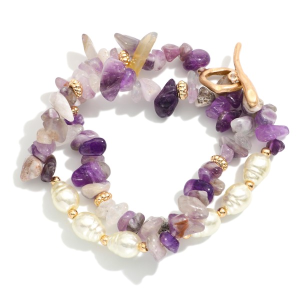 Wholesale set Two Stone Beaded Stretch Bracelets Metal Tones Pearls D
