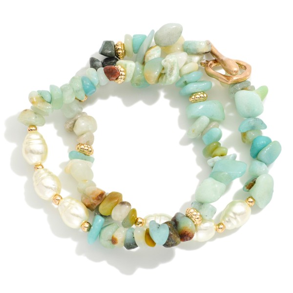 Wholesale set Two Stone Beaded Stretch Bracelets Metal Tones Pearls D