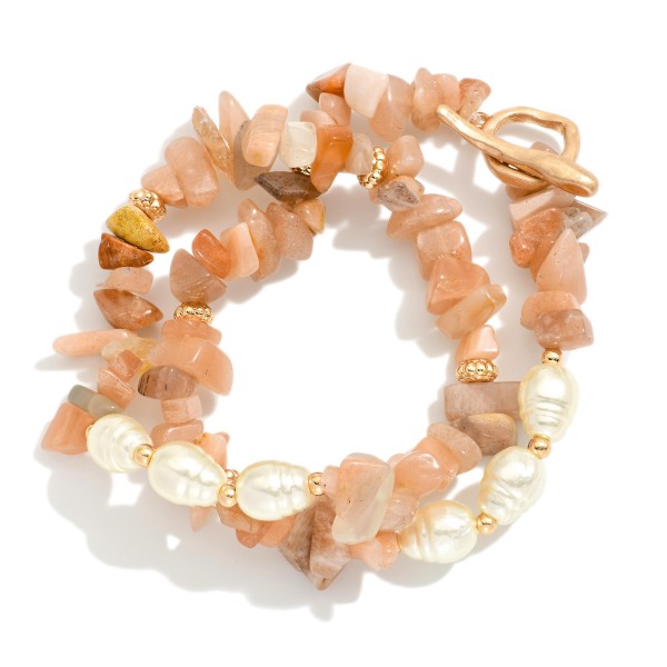 Wholesale set Two Stone Beaded Stretch Bracelets Metal Tones Pearls D
