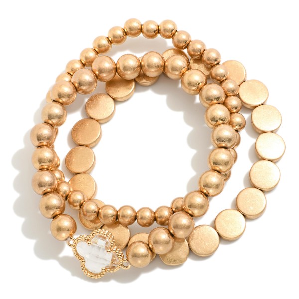 Wholesale set Three Metal Beaded Stretch Bracelets Glass Crystal Clover D