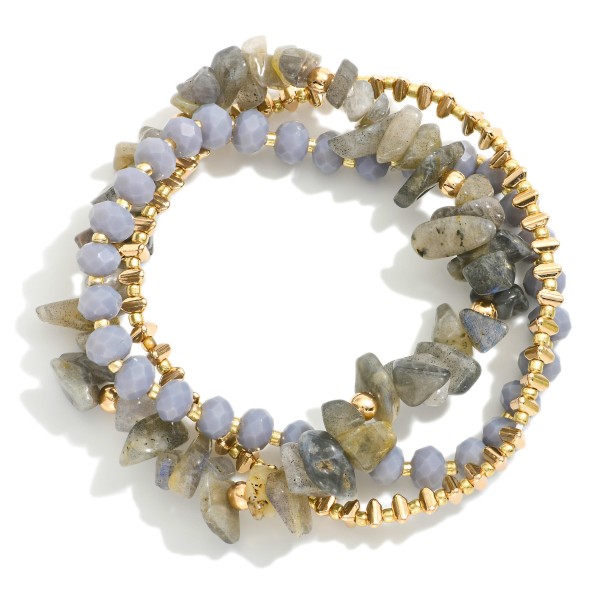Set Of Three Beaded Stretch Bracelets Featuring Metal Tones, Faceted Beads, & Stones

- Approximately 2.5" D
