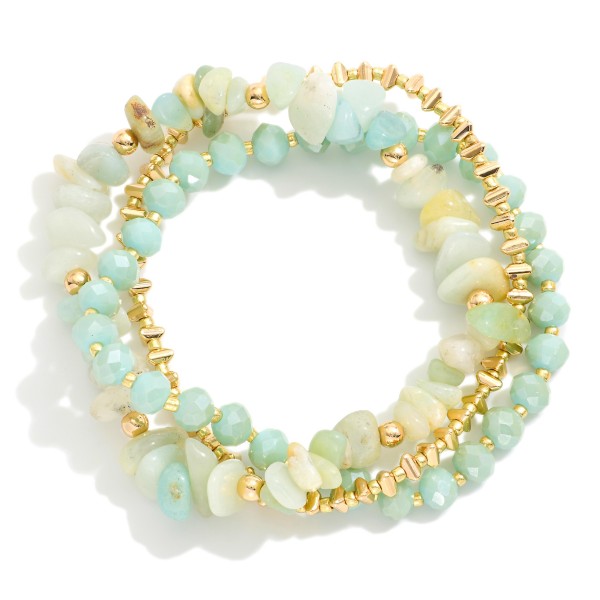 Wholesale set Three Beaded Stretch Bracelets Metal Tones Faceted Beads Stones D