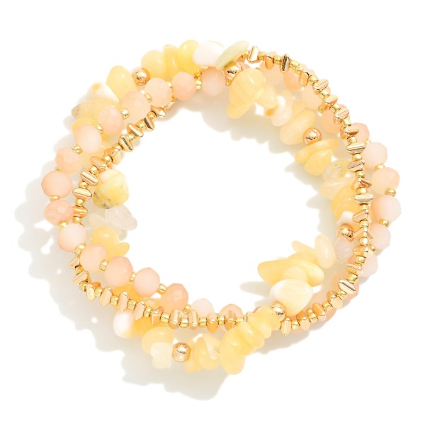 Wholesale set Three Beaded Stretch Bracelets Metal Tones Faceted Beads Stones D
