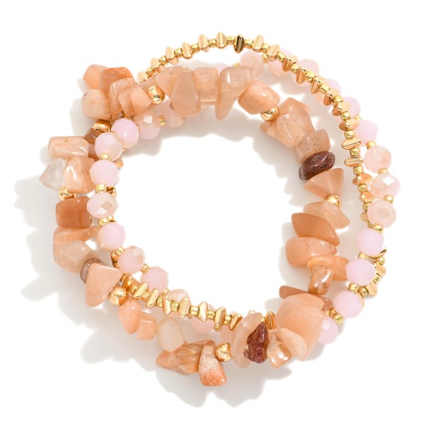 Wholesale set Three Beaded Stretch Bracelets Metal Tones Faceted Beads Stones D