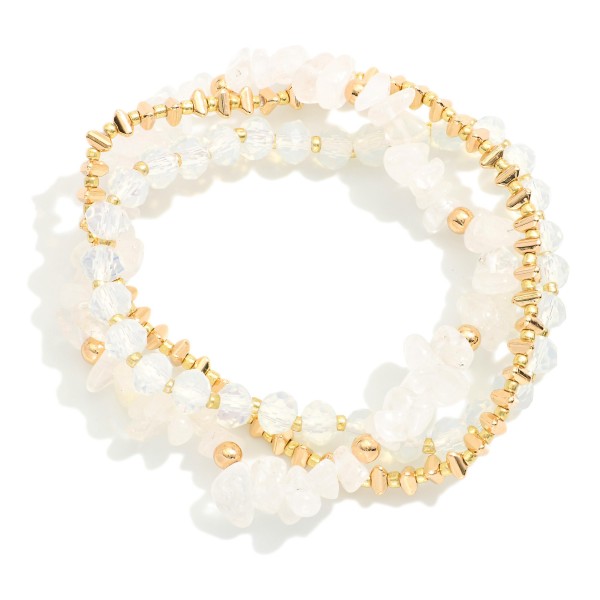 Set Of Three Beaded Stretch Bracelets Featuring Metal Tones, Faceted Beads, & Stones

- Approximately 2.5" D

