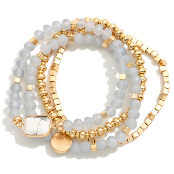 Set Of Four Beaded Stretch Bracelets Featuring Metal Tones, Stone & Faceted Beads

- Approximately 2.5" D
