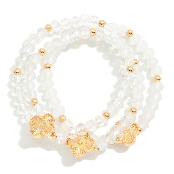 Wholesale set Three Beaded Stretch Bracelets Metal Tones Faceted Beads Clover D