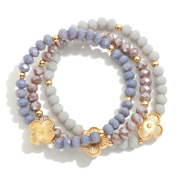 Wholesale set Three Beaded Stretch Bracelets Metal Tones Faceted Beads Clover D
