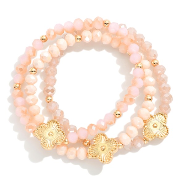 Wholesale set Three Beaded Stretch Bracelets Metal Tones Faceted Beads Clover D