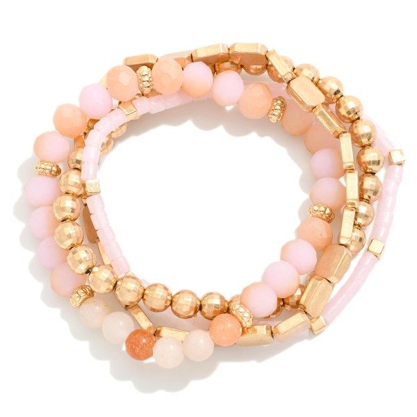 Wholesale set Four Beaded Stretch Bracelets Stone Beads Faceted Beads Metal D