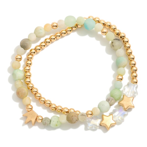 Set Of Two Beaded Stretch Bracelet Featuring Stone Beads & Star Beads 

-  Approximately 3" D