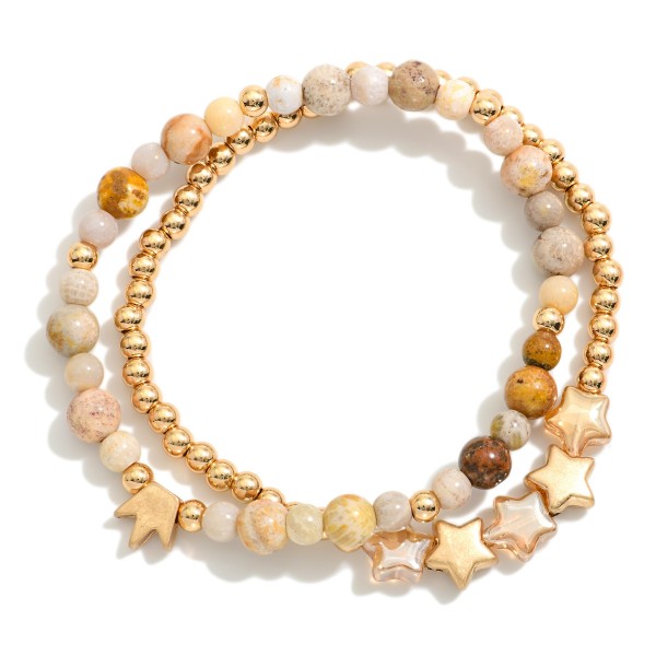 Set Of Two Beaded Stretch Bracelet Featuring Stone Beads & Star Beads 

-  Approximately 3" D
