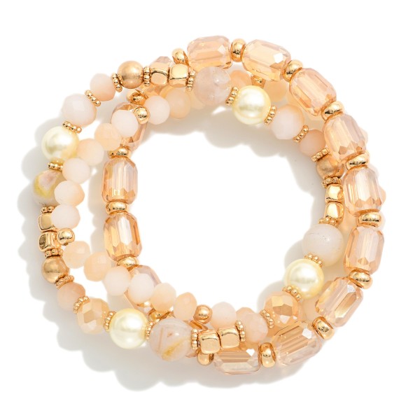 Wholesale set Three Beaded Stretch Bracelets Metal Tones Pearls Iridescent Beads