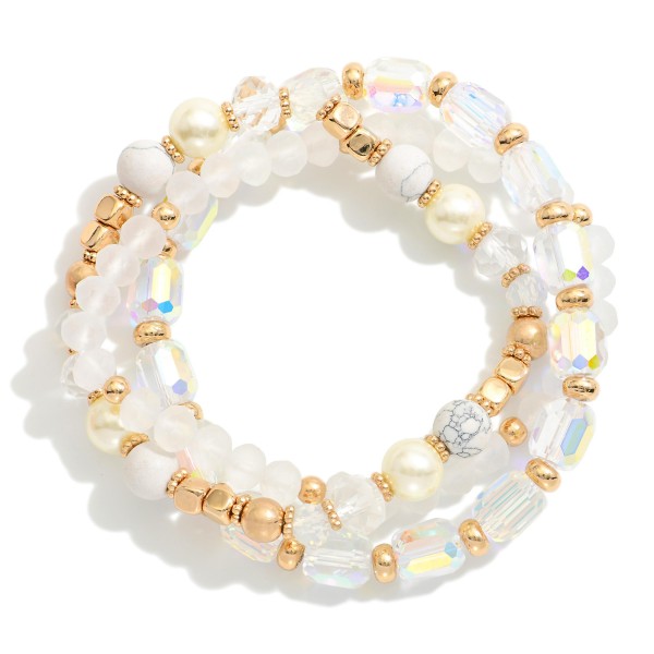 Wholesale set Three Beaded Stretch Bracelets Metal Tones Pearls Iridescent Beads