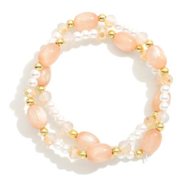 Wholesale set Two Beaded Stretch Bracelet Metal Beads Pearls Faceted Beads Glass