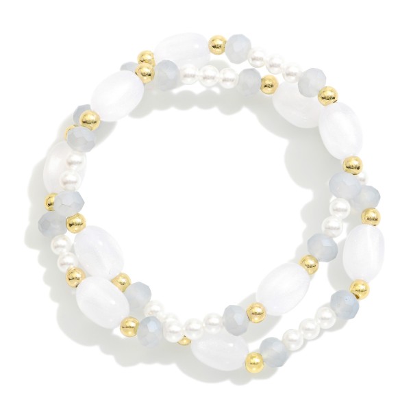 Wholesale set Two Beaded Stretch Bracelet Metal Beads Pearls Faceted Beads Glass