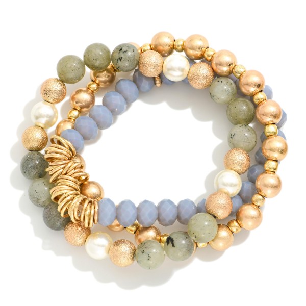 Wholesale set Three Beaded Stretch Bracelets Metal Tones Glass Beads Rings D