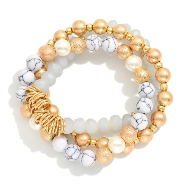 Wholesale set Three Beaded Stretch Bracelets Metal Tones Glass Beads Rings D