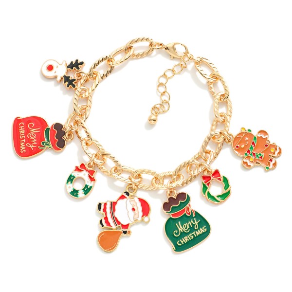 Textured Chain Link Bracelet Featuring Enamel Christmas Charms

- Approximately 2.5" D 
- Extender 1.5" L