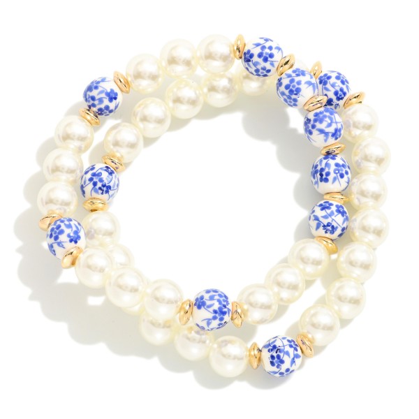 Wholesale set Two Pearl Beaded Stretch Bracelets Chinoiserie Beads D