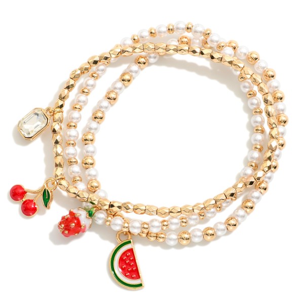 Wholesale set Three Beaded Stretch Bracelets Pearls Enamel Fruit Rhinestone Char