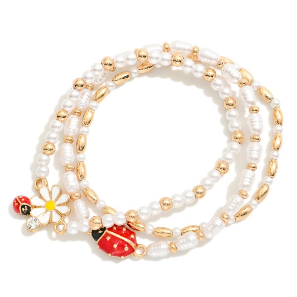 Wholesale set Three Beaded Stretch Bracelets Pearls Enamel Lady Bugs Flower Stat