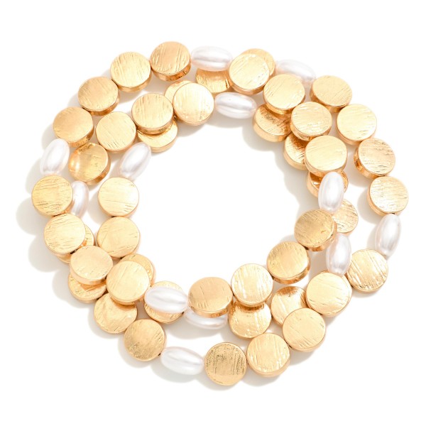 Wholesale set Three Textured Metal Flat Bead Pearl Beaded Stretch Bracelets D