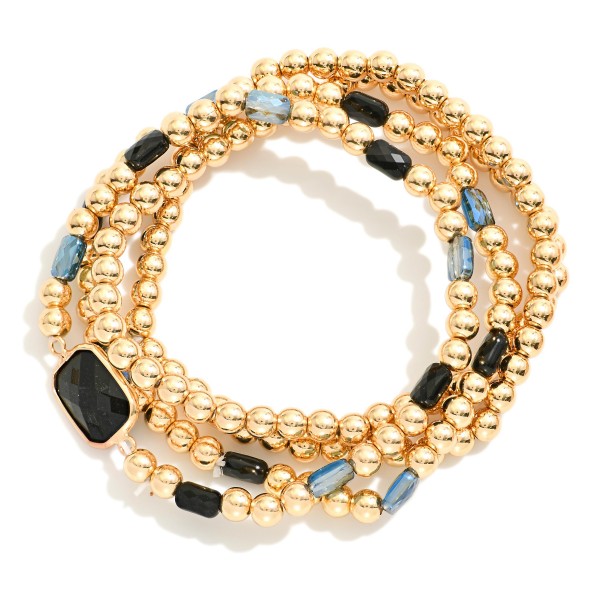 Wholesale set Four Metal Beaded Stretch Bracelets Glass Crystal Beads D