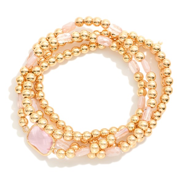 Set Of Four Metal Tone Beaded Stretch Bracelets Featuring Glass Crystal Beads

- Approximately 2.5" D