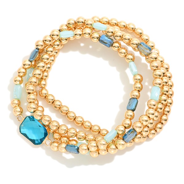 Wholesale set Four Metal Beaded Stretch Bracelets Glass Crystal Beads D