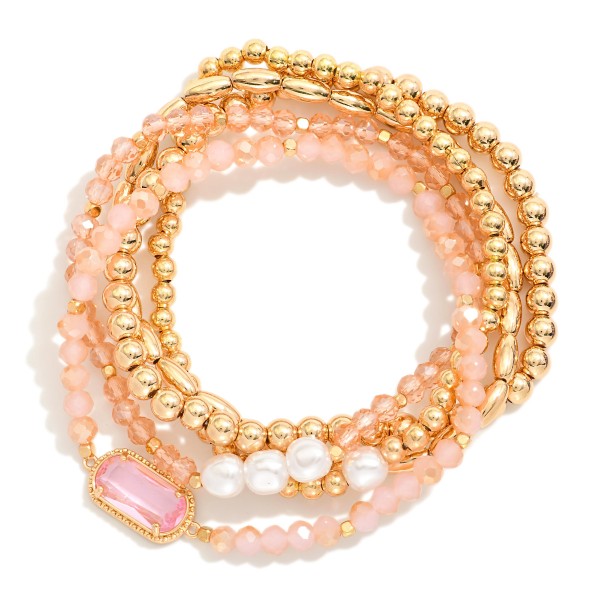 Wholesale set Five Beaded Stretch Bracelets Metal Tones Faceted Beads Glass Crys