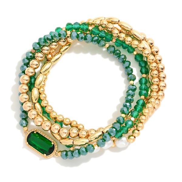 Wholesale set Five Beaded Stretch Bracelets Metal Tones Faceted Beads Glass Crys