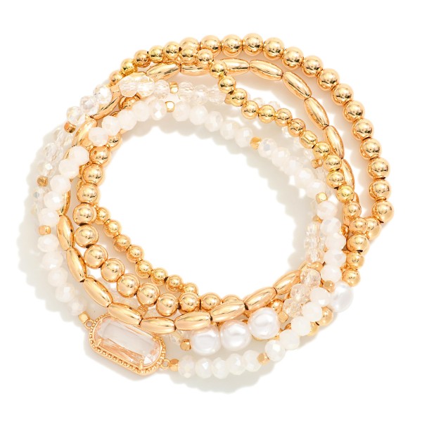Wholesale set Five Beaded Stretch Bracelets Metal Tones Faceted Beads Glass Crys