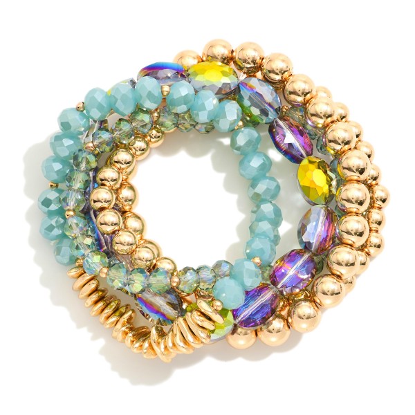 Wholesale set Five Beaded Stretch Bracelets Metal Tones Faceted Beads Glass Crys