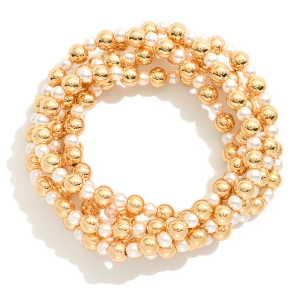 Wholesale set Five Beaded Stretch Bracelets Pearls Metal Tones D