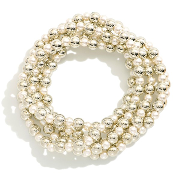 Wholesale set Five Beaded Stretch Bracelets Pearls Metal Tones D