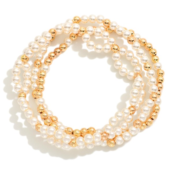 Wholesale set Three Beaded Stretch Bracelets Metal Tones Pearls D