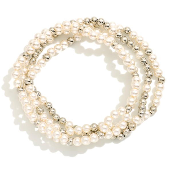 Wholesale set Three Beaded Stretch Bracelets Metal Tones Pearls D