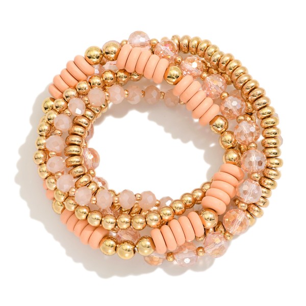Wholesale set Five Beaded Stretch Bracelets Metal Tones Faceted Beads Wood Disk