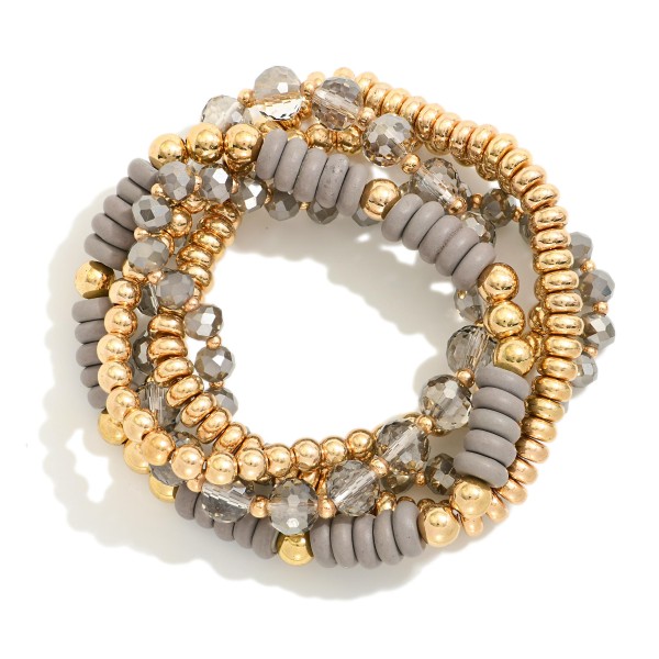 Wholesale set Five Beaded Stretch Bracelets Metal Tones Faceted Beads Wood Disk