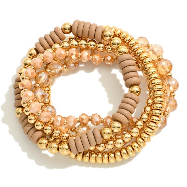 Set Of Five Beaded Stretch Bracelets Featuring Metal Tones, Faceted Beads, Wood Disk Beads 

- Approximately 2.5" D