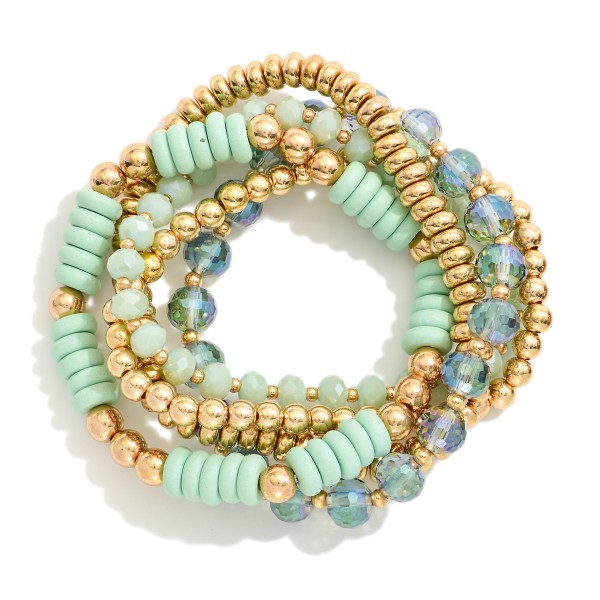 Wholesale set Five Beaded Stretch Bracelets Metal Tones Faceted Beads Wood Disk
