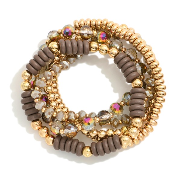 Wholesale set Five Beaded Stretch Bracelets Metal Tones Faceted Beads Wood Disk