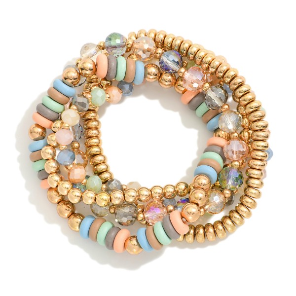 Wholesale set Five Beaded Stretch Bracelets Metal Tones Faceted Beads Wood Disk
